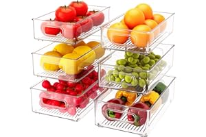 FUSACONY Fridge Storage Organiser - Set of 6 Stackable Fridge Organisers Clear Refrigerator Storage Boxes Bins for Kitchen, Pantry, Cabinets, Cosmetics, Drawer - BPA Free (3 Sizes)