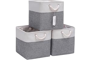 CREADARD Fabric Cube Storage Box Set of 3, 13x13x13 inch Foldable Linen Cube Storage Basket for Nursery and Home, Collapsible Canvas Shelf Basket for Wardrobe or Bedroom, Grey and White