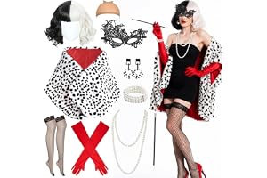 Halloweenkostym dam, 10 stycken Cruella kostym dam djävul cosplay kostym | Devil kostym dam 70-talet tillbehörsset med vit svart halsduk peruk pärlhalsband för halloween karneval rollspel