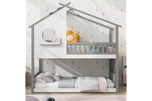 Moimhear Cama de casa de 90 x 200 cm, litera con escalera en ángulo recto, con protección contra caídas y barrera, marco de madera de pino (gris)