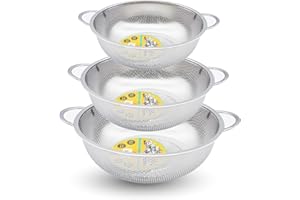 STL Stainless Steel Colander with Double Handles 3 Set, Micro-Perforated for Draining Pasta, Rice, Fruits, Vegetables, Dishwasher Safe Kitchen Strainer, Metal Food Filter, Easy to Clean