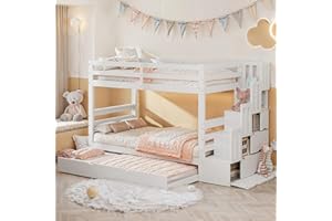 Rtopsu Letto per Bambini a Castello 90x200 cm con Letto Estraibile, Letto a Soppalco con Scala e Contenitore Cassetti, Letto per Ragazzi con Rete a Doghe in Legno, Bianco, Senza Materasso