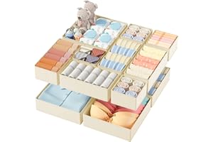 DIMJ Organizer Cassetti, Cassetto Organizer, Divisori per Cassetti, Organizzatore Armadio Pieghevole Organizzatore, Contenitori per Armadio Salvaspazio, Tessuto Non Tessuto, 12 Pcs, Beige