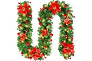 AITSITE Girlanda bożonarodzeniowa ze światłami, girlanda bożonarodzeniowa, dekoracja na kominek, schody, drzwi, bannister, okno, wstępnie oświetlona girlanda ze światłami LED, czerwony kwiat i czerwone jagody