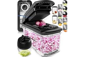 FULLSTAR Taglia Verdure Mandolina per Verdure Affetta Verdure - Multifunzione Tritatutto Affettatrice Manuale - Tagliaverdure Frutta Cipolla Patate Cubetti Julienne Grattugia (Tutto-in-1 Inox Nero)