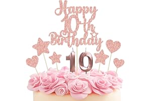 Gyufise 15Pcs Happy 10th Birthday Cake Topper Set Heart Star Glitter Cheers to 10 Years Cake Picks Number 10 Candles Cake Decorations for Happy 10th Birthday Anniversary Party Supplies Rose Gold