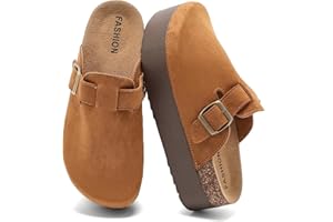 FOINLEDR Suede Platform Clogs for Women, Soft Cork Footbed Mules with Adjustable Buckle, Closed Toe Leather Potato Shoes Sandals