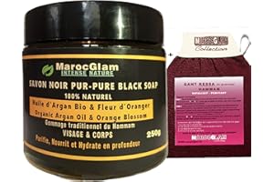 MAROC GLAM Savon Noir à l'Huile d'Argan Bio et fleur d'oranger 250g + Gant Kessa luxueux pour gommage corps et visage - gommage naturel Hammam et SPA: Exfoliant - Purifiant- hydratant
