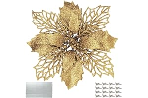DWTECH 16 Pack Christmas Poinsettia Flowers with 16 Peduncles & 16 Clips,16cm/6.3’’ Artificial Flowers Glitter Poinsettia Christmas Wreath Christmas Tree Ornaments for Christmas Decorations(Gold)