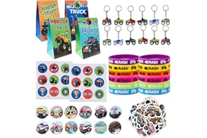 CLVSYH 98Pcs Monster Truck Set di Bomboniere per la Festa, Braccialetti in Silicone, Sacchetti Regalo di Carta, Portachiavi in Silicone, Monster Truck Adesivi, Round Cartoon Badge, Bambini Festa Bomboniere