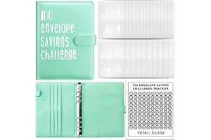MATHARAGO 100 Envelope Savings Challenge Binder, Budget Planner with Cash Envelopes, A5 PU Leather Notebook 100 Day Money Saving Challenge Binder with 25 Four-cell Inner Cash Envelopes (Green)