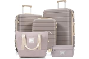 Merax Hartschalen-Kofferset, bestehend aus 5 Teilen, DREI Koffern und Zwei Kosmetiktaschen, Kabinenkoffer mit Drehrollen, rosébraun und Khaki