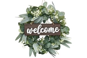 ‎LOMOHOO LOMOHOO 46cm Kranz für die Haustür,künstlicher Sommer Kranz mit Willkommensschild aus Holz,Haustür Eukalyptus Kranz mit handgefertigtem Holz-Hängeschild,Heimdekoration für drinnen draußen