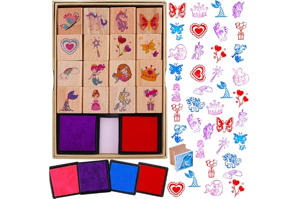 HOWAF 16 Bois Tampons pour Enfants Filles Artisanat avec 4 Encreur, Licorne Sirène Princesse Cœur Arc-en-Ciel Papillon Tampons pour Filles Bricolage Scrapbooking Carte Impression Bonbonnières Cadeau