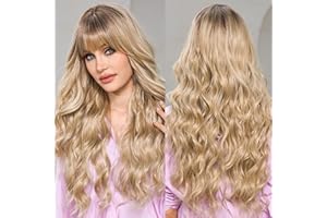EMMOR Pelucas rubias ombré para mujeres Pelucas largas y rizadas con flequillo Fibra sintética resistente al calor Peluca sintética de aspecto natural para uso diario