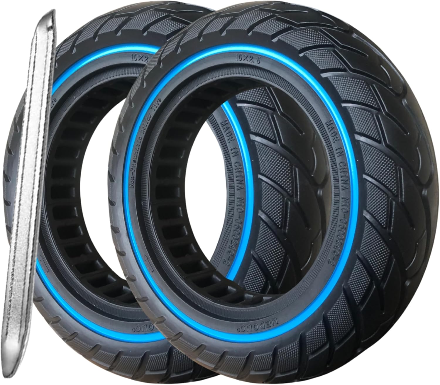 G.V.SHOP® Rueda Maciza 10x2.5 (36mm) para Patinete Eléctrico – Neumático Sólido Antipinchazos Compatible con Xiaomi, Ducati, Lexgo, Vivobike S2 60/70-6.5 (Azul 2pcs+Palanca)