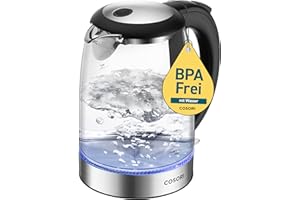 ‎COSORI COSORI Glas Wasserkocher 1,7 L, kocht in 2 Minuten, wasserberührende Teile plastikfrei, 304er Edelstahl-Kalkfilter, 2200 W, Überhitzungsschutz, 360° drehbarer Sockel, Schwarz