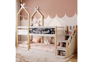 HESHU Kinderbett Baumhaus mit Speicherung und Rausfallschutz 90 x 200 cm, Hochbett für Kinder inkl.Tafel– 2X Lattenrost- Natur & Weiß, ohne Matratze