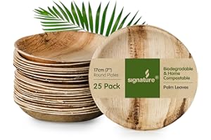 Signature Packaging - Disposable Palm Leaf Plates - Sturdy, Medium Round Plates - 17cm, 25 Pack. Compostable, Eco Friendly and Biodegradable. Like Wooden and Bamboo.