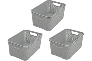 BranQ - Home Essential Cesta en diseño de ratán, juego de 3 unidades, tamaño M, 10 L, sin bisfenol A, plástico polipropileno, gris claro
