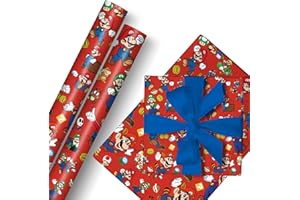 Bonamana Mario - Lot de 2 rouleaux de papier cadeau Mario - 43 cm x 3 m - Durable - Pour anniversaire d'enfant, fête, décoration festive (pièce rouge dorée)
