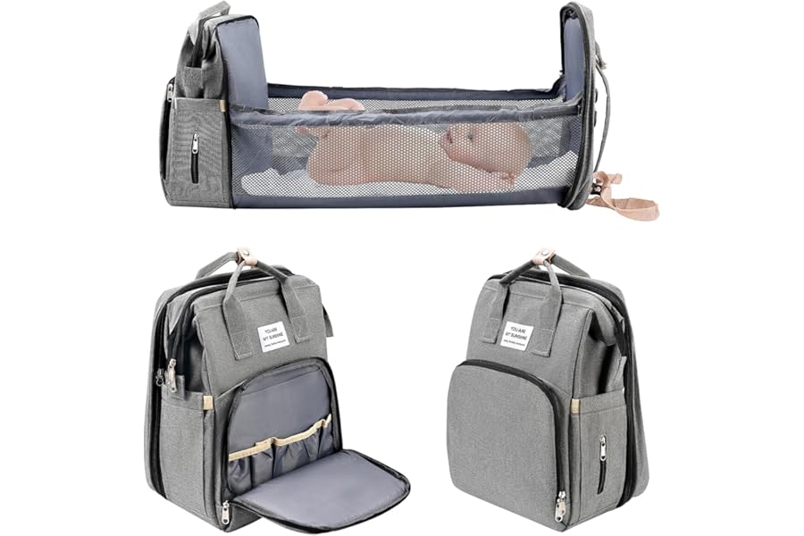 Jalann Baby Changing Bag, Nappy Changing Bag with Changing Mat, Large Capacity Baby Bags for Mum, Waterproof Portable Changing Bags Backpack with Foldable Cot Bed, Stroller Straps for Travel