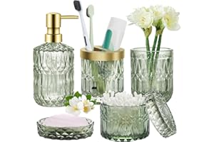 E-GREETSHOPPING 5 Stück Glas Badezimmer Zubehör Sets, Luxuriöses Badezimmer Zubehör Badezimmer Organizer von Lotionspender, Seifenschale, Zahnbürstenhalter, Becher, Moderne Badedekoration Badezimmer-Zubehör, Grün
