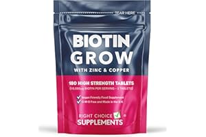 RIGHT CHOICE SUPPLEMENTS Biotin Hair Growth Supplement - 180 Tablets Enhanced with Zinc & Copper - Biotin 10,000 µg (mcg) per Serving - Vegan, Hair Skin & Nails Vitamins
