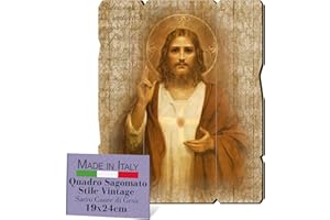 F.LLI BONELLA Brothers Bonella - Sacred Heart of Jesus Vintage Shaped Painting – 8 mm Thick Poplar Wood Painting – Sacred Bedroom Picture 19 x 24 cm – 100% Made in Italy