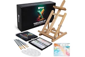XPINTAR Kit Pintura Acrílica con Caballete de Mesa Madera Altura Ajustable 24 Colores 12 ml Lienzo 24x30 cm Paleta 6 Pinceles Set Artista para Principiantes y Adultos Montaje Rápido Regalo Creativo Clases DIY