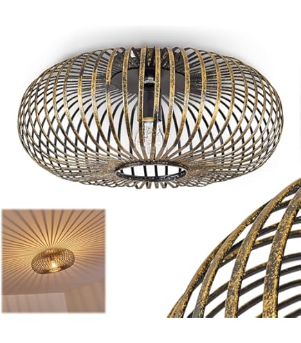 Plafonnier Wemude En Métal Noir-Doré, Aspect Vieilli, Abat-Jour Rétro