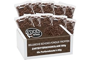 ‎FOOD CREW FOOD crew 900g belgische Schokolade für Fondue Zartbitter - 10 Portionsbeutel einzeln verpackt - Belgische Fondue Schokolade Zartbitter - Kuvertüre für Schokobrunnen - Schoko Fondue Drops