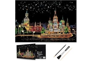 H HOMEWINS Kratzbilder 405 x 285 MM Weltberühmte Sehenswürdigkeiten Wandbild DIY Kunst Zeichnung City Night View Schwarz Beschichtet Bunte Kratzpapier mit Werkzeug Set (Moskau)