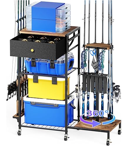 Chariot Pêche Roues 360 Degrés BEGULF Support De Canne à Pêche Pour Garage Pouvant Contenir Jusqu'à 10 Cannes, Support Rotatif Cadeau Pêcheur Homme Femme