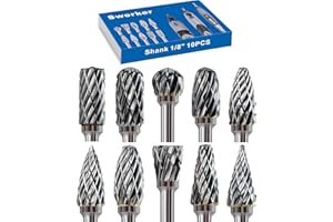Sworker Carbide Burr Set Compatible with Dremel 1/8" Shank 10PCS Die Grinder Rotary Tool Rasp Bits Accessories Attachments Metal Wood Stone Plastic Carving Cutting Cleaning Grinding Engraving