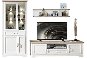 ‎STELLA TRADING Stella Trading Wall Unit Complete Set in Light Pine Artisan Oak Look - Cabinet Wall with LED Lighting for Your Living Room in Country House Style - 299 x 204 x 51 cm (W x H x D)