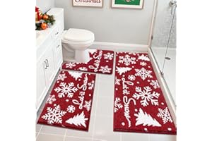 Enyhom Christmas Bath Mat Sets 3 Piece, Non Slip Bath Mats and Toilet Mat Set Super Absorbent Soft Bath Mats Machine Washable Tub Shower Bathroom Floor Carpet, Red