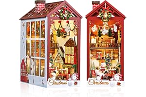 RONSTONE DIY Book Nook Kit : Puzzle 3D en Bois Jour de Noël avec Meubles et LED, Kit Maison de Poupée Miniature Décoration étagère, Mini Maison de Poupée Cadeau Créatif pour Adultes Adolescents