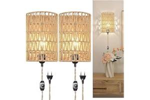 YNDD Applique da Parete Rattan E27, Lampada da Muro Boho con Interruttore e Spina 2m Filo Lampade da Murale Vintage Rustico Corda Canapa Luce da Parete per Camera da Letto Soggiorno Corridoio 2 pezzi
