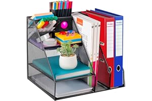 ilauke Schreibtisch Organizer mit Aktenhalter Schublade, 5 Etagen Büro Organizer aus Carbonstahl Mesh, Platzsparend für Dokumente, Ordner, Stifte, Schwarz, Einfach zu Montieren