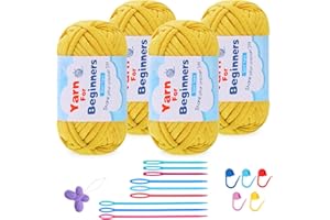 DEUDY 200 g de fil à crochet et à tricoter, pour débutants, bleu ciel, avec mailles bien visibles, gros fil mélangé en coton et nylon pour crochet et tricot (jaune)