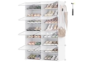 SONGMICS Interlocking Shoe Rack, Plastic Shoe Storage Cabinet, 8-Slot Modular Storage Organiser Unit, 30 x 40 x 30 cm for Each Slot, with Doors, Steel Frame, Plastic Panels, White LPC034W01
