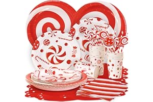 Easy Joy 96PCS Christmas Candy Cane Party Plates Supplies Peppermint Candy Tableware Set Red White Striped Paper Tableware for New Year Christmas Holiday Party
