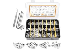 VIGRUE 1120PCS M3 M4 M5 M6 Senkkopfschrauben mit Innensechskant Hex flach-Knopf Schraube Set A2-70Edelstahl Senkkopf Schrauben Muttern und Unterlegscheiben Sortiment mit Schwarz Aufbewahrung Fall Box