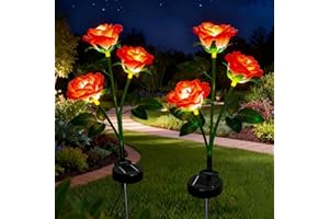 XVZ Solar Flower Outdoor Garden Lights,2 Packs Solar Garden Stake Lamps with 12 Rose Flower Waterproof Decorative Lights for Lawm Garden Patio Yard Pathway Party Holiday Decoration(red)