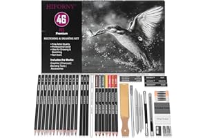 HIFORNY 46 PCS Sketching Drawing Pencil Set,Sketch Pencils Art Supplies with Colored Charcoal Pencils,Graphite,Charcoal,Blending Tools,Accessories,Drawing Kit for Adults Artists