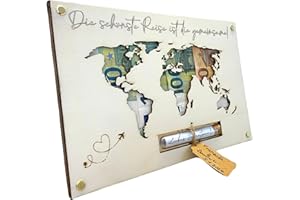 G U T H E LIFESTYLE Geldgeschenk Hochzeit Weltkarte aus Holz | Einzigartiges Hochzeitsgeschenk für Brautpaar | Paargeschenk | Hochzeits-Geldgeschenk | Flitterwochen-Geschenk | Personalisierbar im Reagenzglas