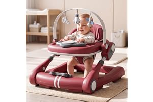 Baybee 2 in 1 Baby Walker for Kids with Push Handle, Music Toy & Food Tray | Height Adjustable Foldable Infant Walker with Wheels & Seat | Activity Walker for Babies 6–18 Months (Red)