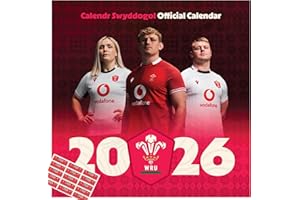 DANILO PROMOTIONS LTD Welsh Rugby Union 2026 Calendar Wales Square Wall hanging Calendar with FREE Organising Stickers Included