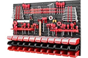 PAFEN Parete degli attrezzi – 1152 x 780 mm – Sistema di stoccaggio – Set parete forata con portautensili e scatole impilabili con coperchio – Mensola da parete per officina, scaffalatura a vista (rosso